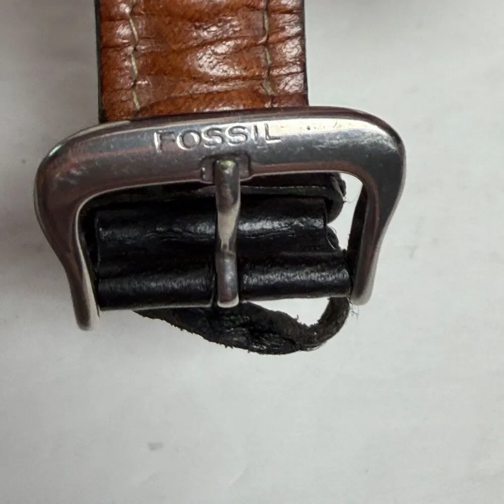 Vintage Fossil StarMaster LU-2505 Gray Dial Blue Bezel Leather Watch Date AS-IS
